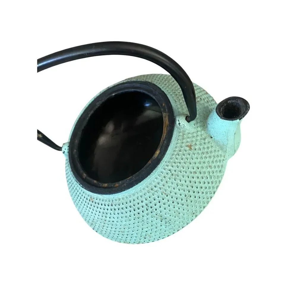 Green Cast Iron Tea Pot & Lid Distressed Patina Dot Texture Asian Rustic Decor